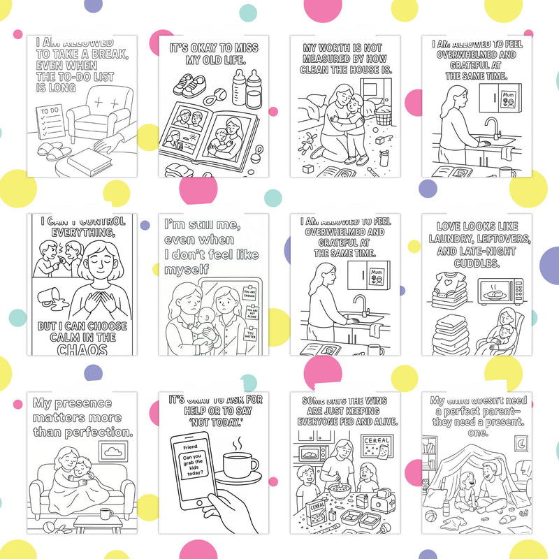A collection of parenting affirmation coloring pages featuring uplifting quotes and designs for self-care and stress relief.