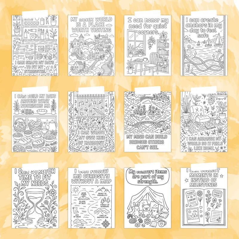 Neurodivergent coloring book pages featuring mindful affirmations for creativity and empowerment.