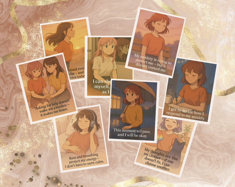 Anime Style Affirmation Cards for Teen Girls Mental Health Support | Set 3 of 6 | Printable A6 PDF PNG Files for Anxiety & Self Worth