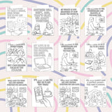 Affirmation coloring pages for parents featuring uplifting designs and self-care reminders.