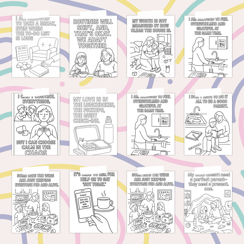 Affirmation coloring pages for parents featuring uplifting designs and self-care reminders.