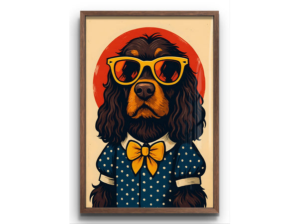 Retro Cocker Spaniel wall art print featuring a stylish dog in sunglasses and polka dots with a bold yellow bow.