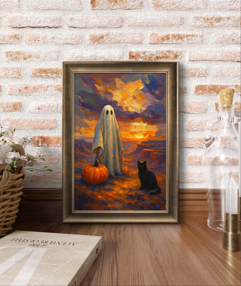 Printable Halloween Wall Art Ghost with Pumpkin and Black Cat at Sunset