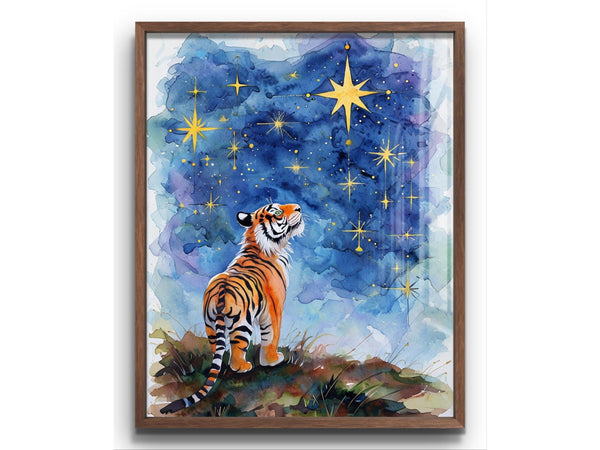 Starry Night Tiger Digital Wall Art – Watercolor Printable for Preppy & Kitsch Decor