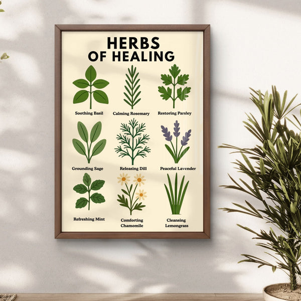 Framed poster titled 'Herbs of Healing' on a wall with plants around