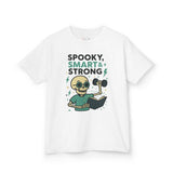 Spooky Smart & Strong Kids Tee featuring a playful skeleton design, perfect for Halloween festivities and casual wear.