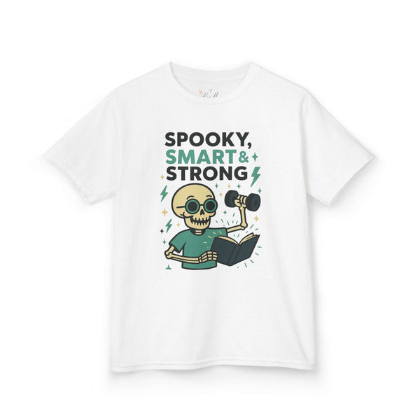 Spooky Smart & Strong Kids Tee featuring a playful skeleton design, perfect for Halloween festivities and casual wear.