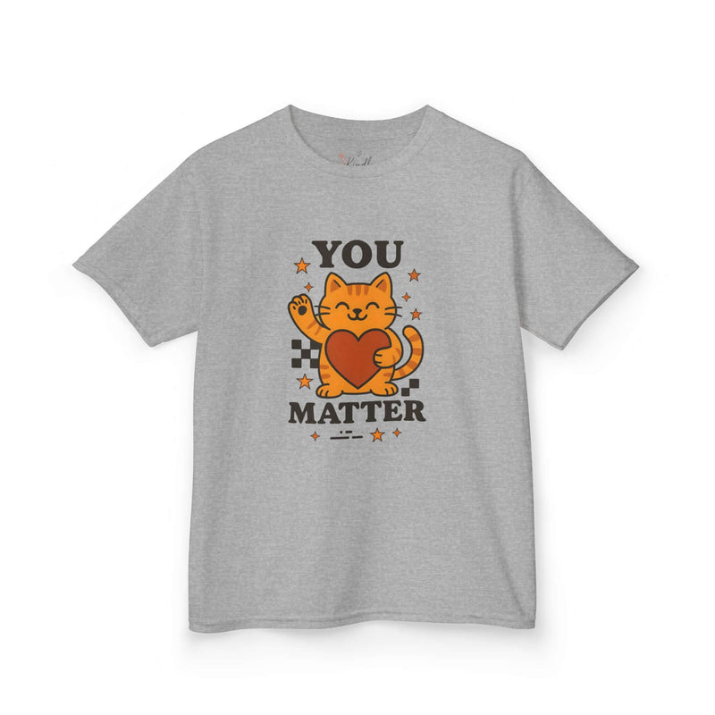 Children's gray tee featuring a cute cartoon cat with the message 'YOU MATTER' in vibrant colors.