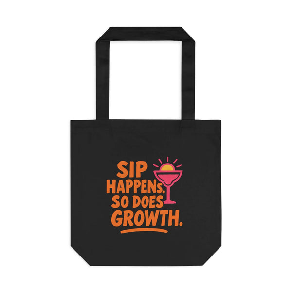 Sip Happens Growth Tote Bag with vibrant design and playful text, ideal for eco-friendly shopping or beach trips.