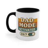 White mug with black handle featuring 'Dad Mode: Activated 24/7' text on a white background