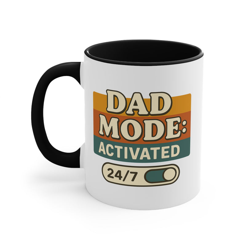 White mug with black handle featuring 'Dad Mode: Activated 24/7' text on a white background