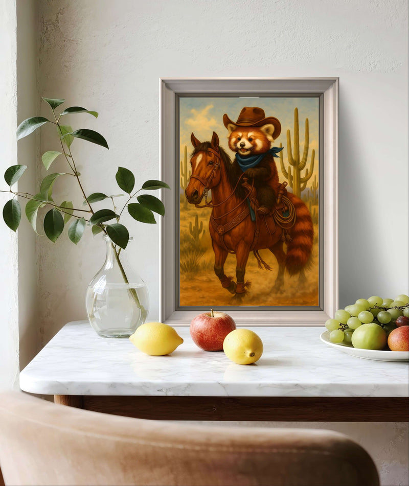 Cowboy Red Panda Digital Art Print,  Western Animal Wall Decor, Cute Rustic Country Style