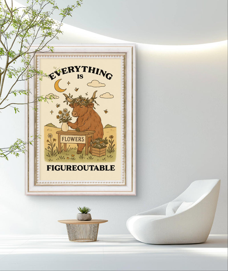 Highland Cow Inspirational Wall Art – “Everything Is Figureoutable” Motivational Poster Printable