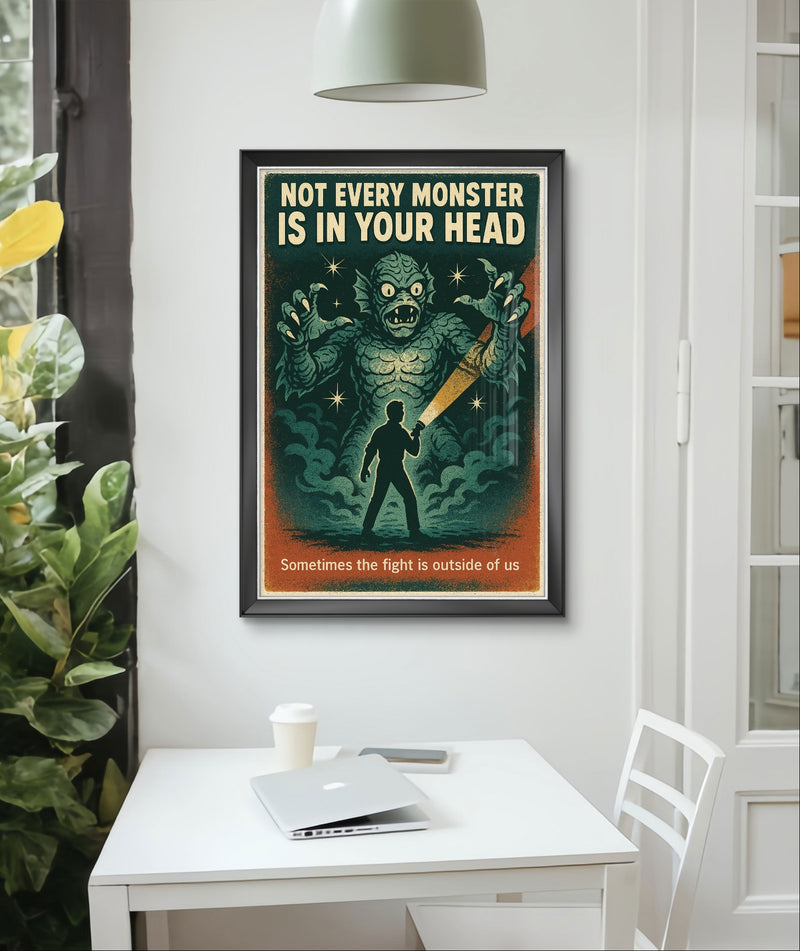Not Every Monster Is in Your Head Retro Wall Art Print – Mental Health Poster, Vintage Horror Style Printable