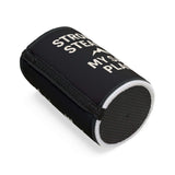 Black stubby cooler with motivational text "Strong Steady" and textured base, perfect for Father's Day gifts and gatherings.