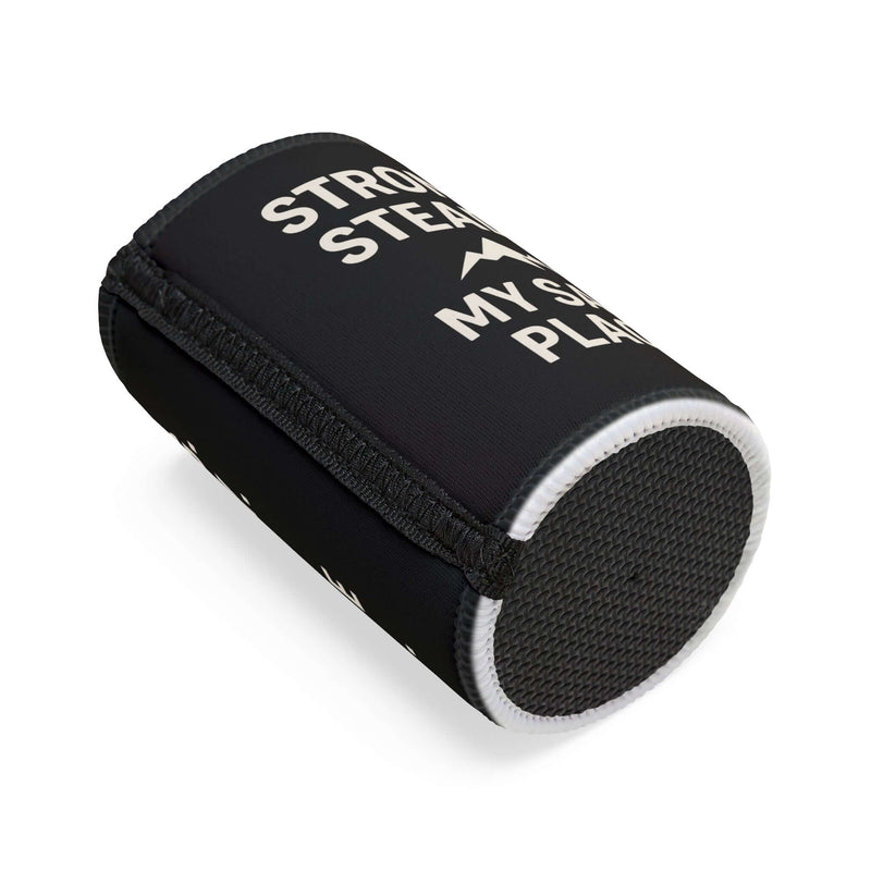 Black stubby cooler with motivational text "Strong Steady" and textured base, perfect for Father's Day gifts and gatherings.