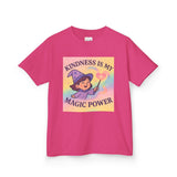 Kids Magical Kindness Tee in pink with whimsical design reading 'Kindness is My Magic Power' for girls.