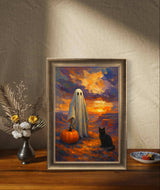Printable Halloween Wall Art Ghost with Pumpkin and Black Cat at Sunset