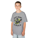 Child wearing a gray Kids Batty Brave & Bold Tee with a fun bat graphic, perfect for Halloween and everyday adventures.