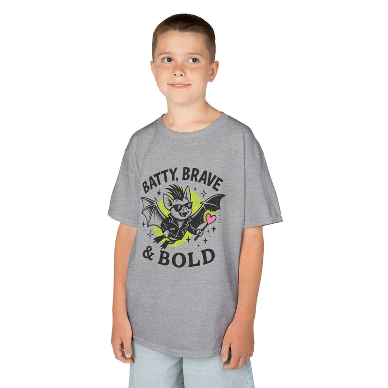 Child wearing a gray Kids Batty Brave & Bold Tee with a fun bat graphic, perfect for Halloween and everyday adventures.