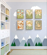 Goose nursery wall art set featuring six printable pastel prints displayed in a cozy baby room with mountain decor.