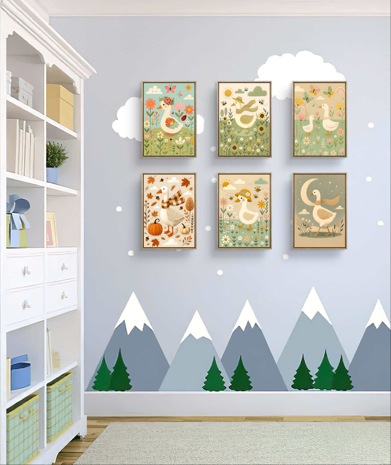 Goose nursery wall art set featuring six printable pastel prints displayed in a cozy baby room with mountain decor.