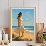 Coastal Cowgirl Wall Art featuring a woman in a white dress at the beach, blending rustic and coastal decor.