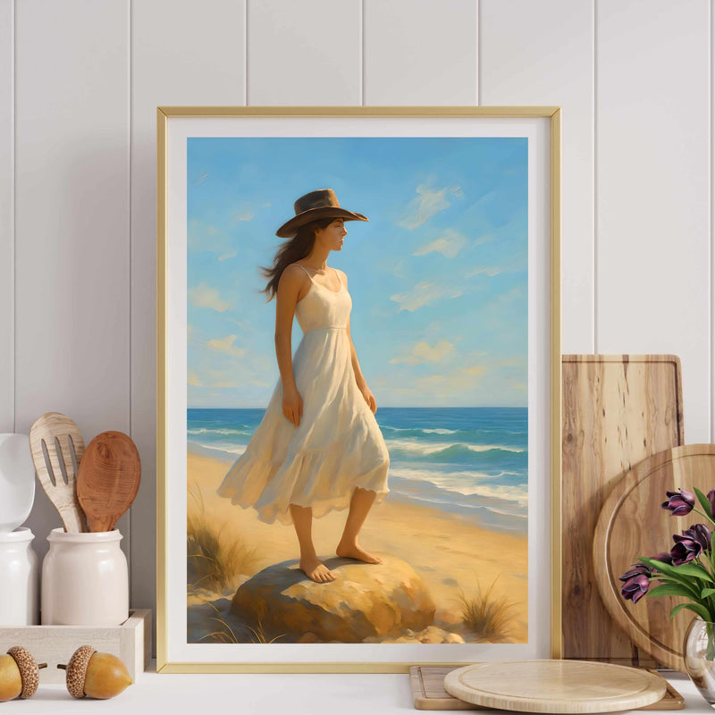 Coastal Cowgirl Wall Art featuring a woman in a white dress at the beach, blending rustic and coastal decor.