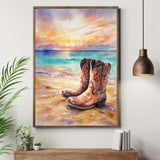Rustic Cowboy Beach Digital Wall Art – Western Boots Sunset Print, Coastal Landscape Decor