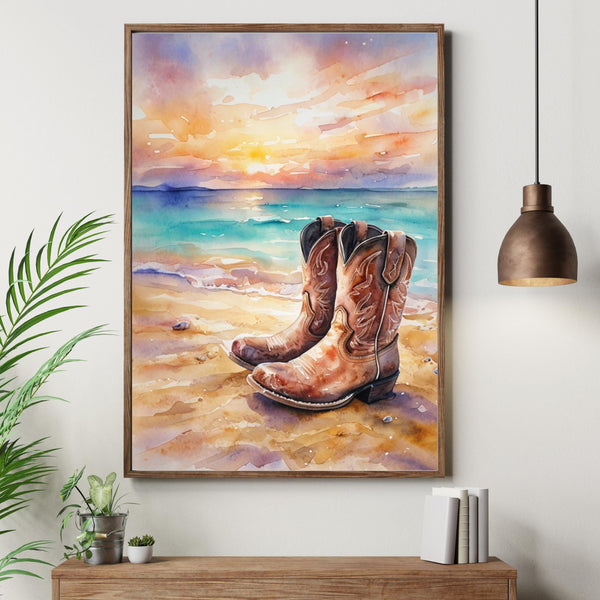 Rustic Cowboy Beach Digital Wall Art – Western Boots Sunset Print, Coastal Landscape Decor
