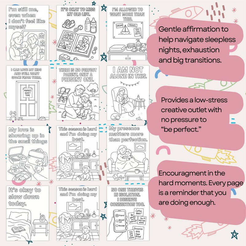 Printable affirmation coloring pages for new parents, offering encouragement and stress relief during challenging moments.