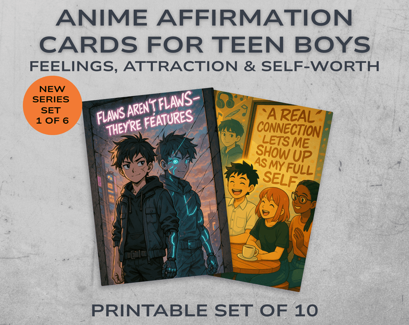 Anime Affirmation Cards for Teen Boys – Confidence, Body Image & Crush Support, Set of 10 Digital Cards