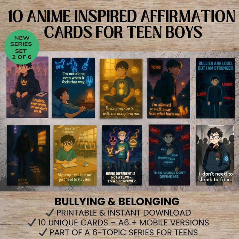 Anime Affirmation Cards for Teen Boys – Bullying & Belonging