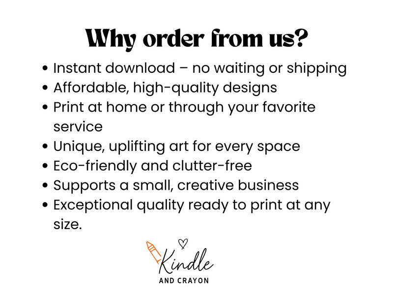 List of reasons to order from Kindle and Crayon: instant downloads, affordable prints, unique art, eco-friendly.