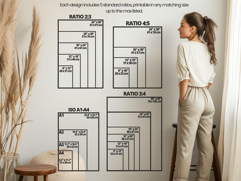 Woman contemplating different print ratios for wall art, showcasing various size options on a wall.
