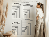 Woman admiring printable design ratios on wall, showcasing various photo sizes and formats for artwork.
