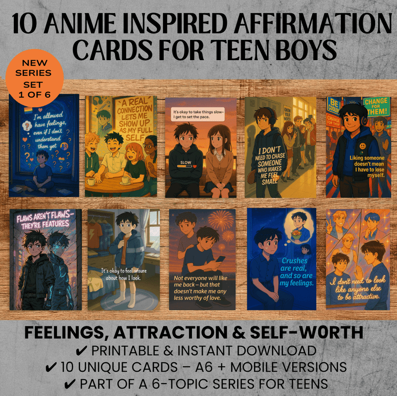 Anime Affirmation Cards for Teen Boys – Confidence, Body Image & Crush Support, Set of 10 Digital Cards