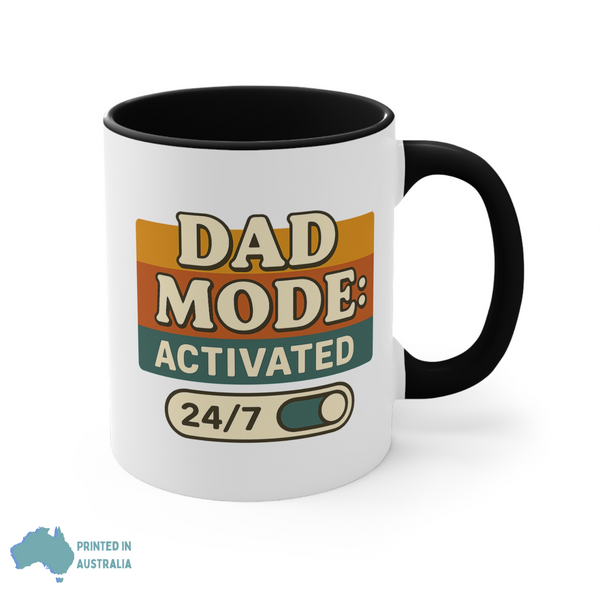 White mug with black interior and handle featuring 'Dad Mode: Activated 24/7' text on a white background.