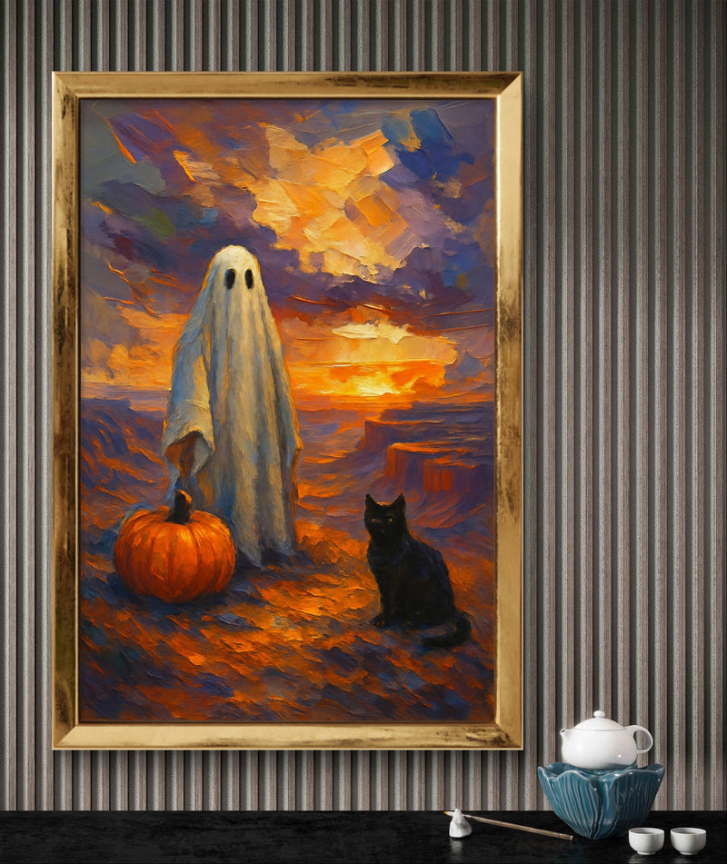 Printable Halloween Wall Art Ghost with Pumpkin and Black Cat at Sunset
