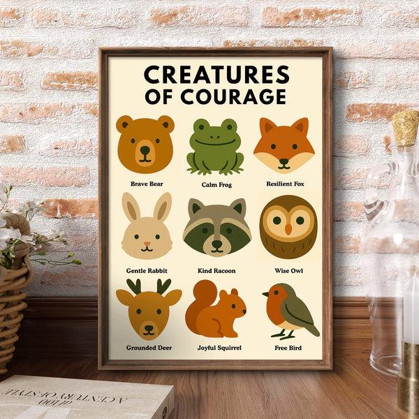 Framed poster titled 'Creatures of Courage' on a brick wall background