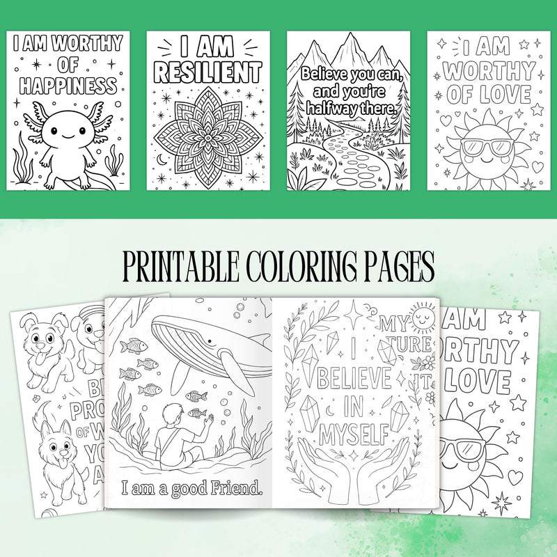 Coloring sheets featuring positive affirmations for self-care and confidence, suitable for teens and adults.