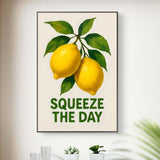 Framed artwork with lemons and 'Squeeze the Day' text in a modern interior setting.