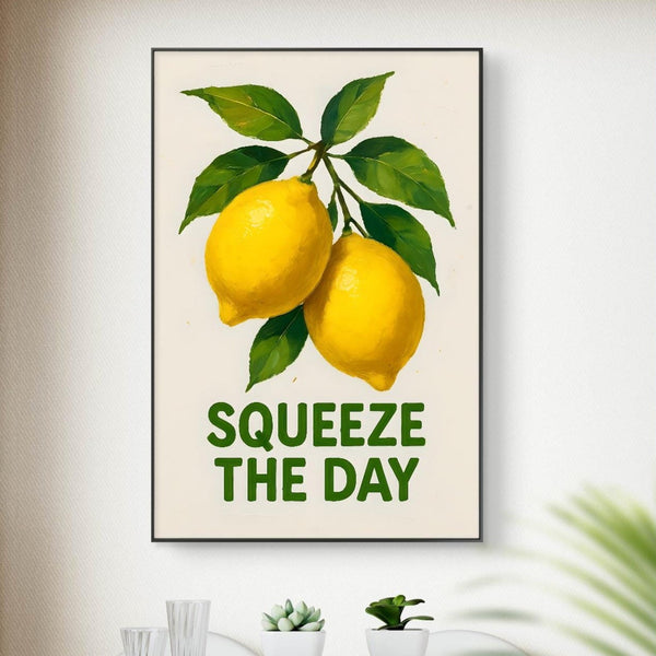 Framed artwork with lemons and 'Squeeze the Day' text in a modern interior setting.