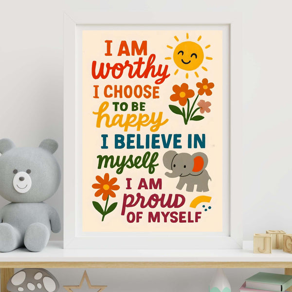 Motivational poster with colorful text and illustrations on a shelf with toys and books.