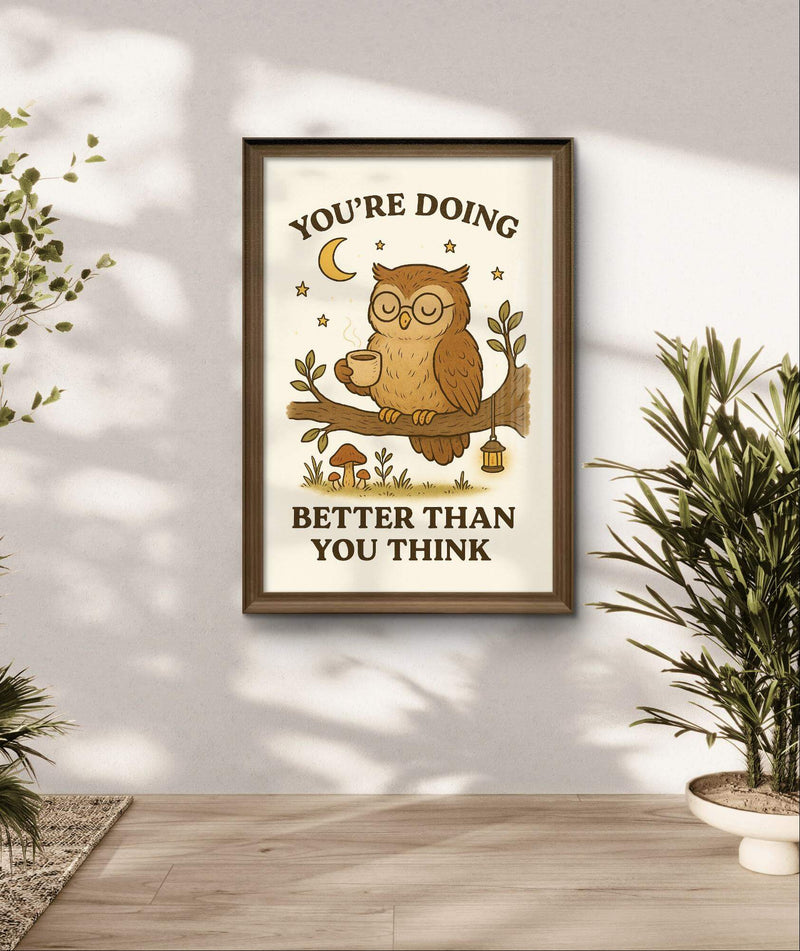 Owl Inspirational Wall Art – “You’re Doing Better Than You Think” Woodland Animal Printable