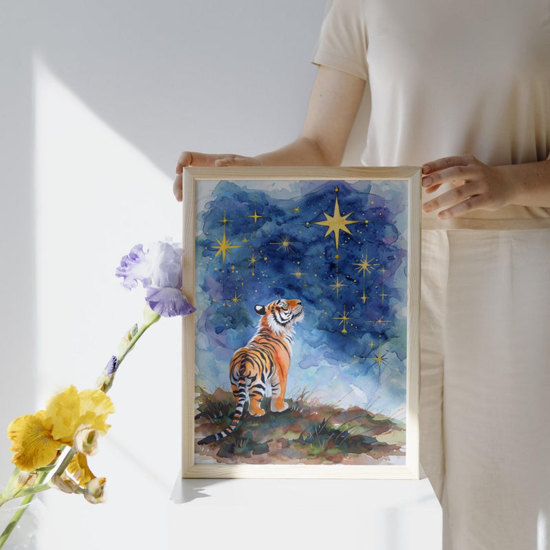 Starry Night Tiger Digital Wall Art – Watercolor Printable for Preppy & Kitsch Decor