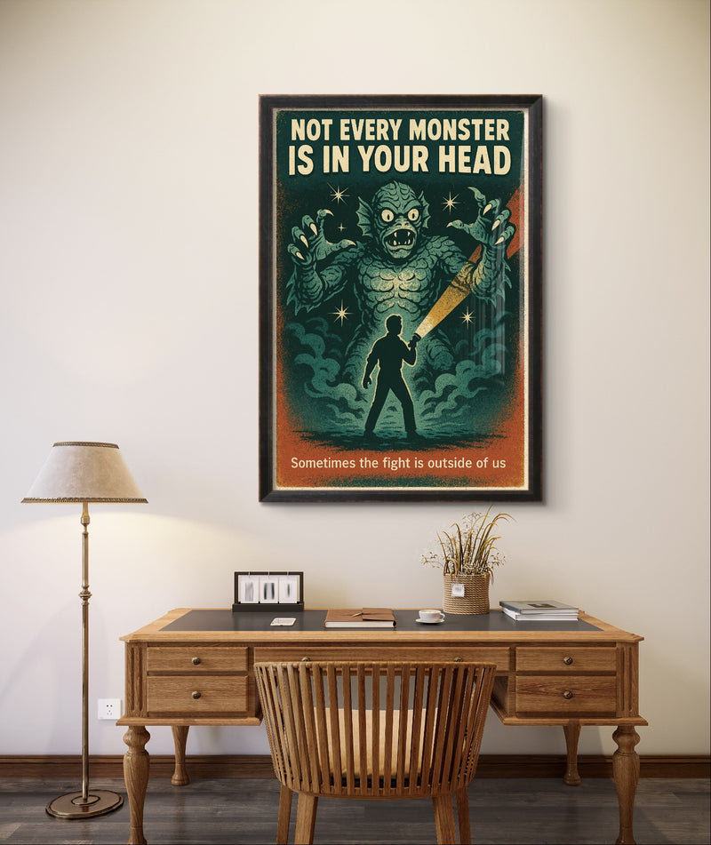 Not Every Monster Is in Your Head Retro Wall Art Print – Mental Health Poster, Vintage Horror Style Printable