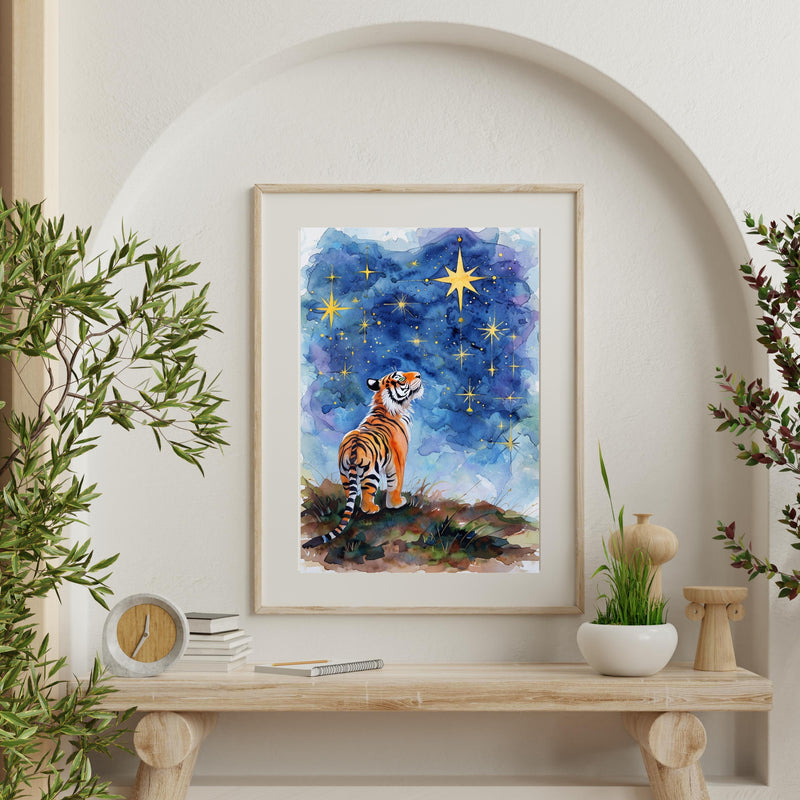 Starry Night Tiger Digital Wall Art – Watercolor Printable for Preppy & Kitsch Decor