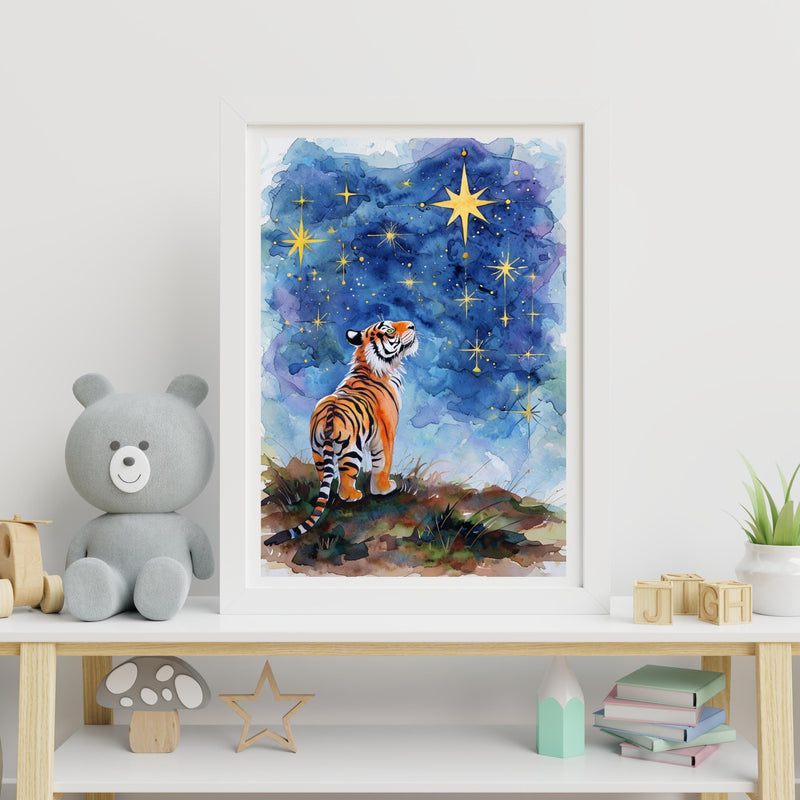 Starry Night Tiger Digital Wall Art – Watercolor Printable for Preppy & Kitsch Decor