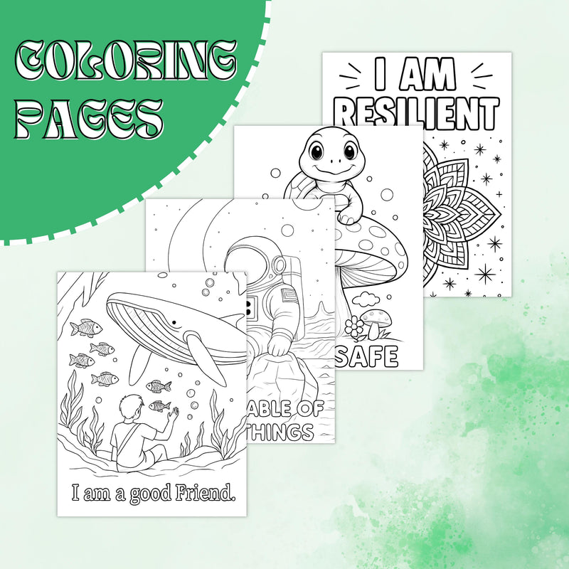 Four printable affirmation coloring pages featuring positive quotes and calming designs for mental health.